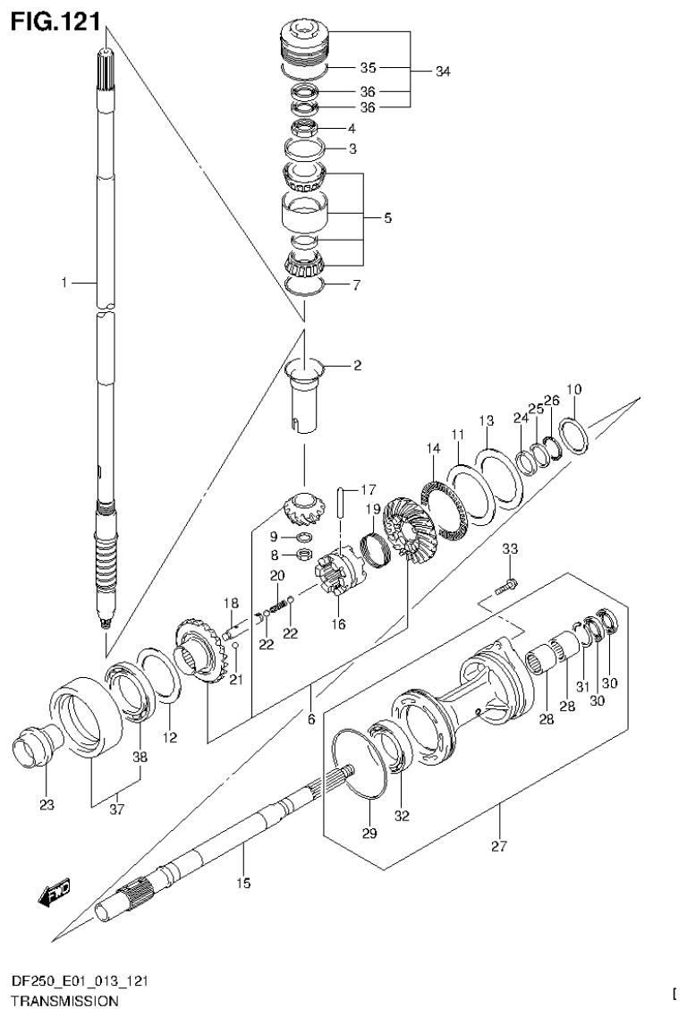 Suzuki DF200T, DF200Z, DF225T, DF225Z, DF250T, DF250Z TRANSMISSION (DF200Z E1) parts diagram